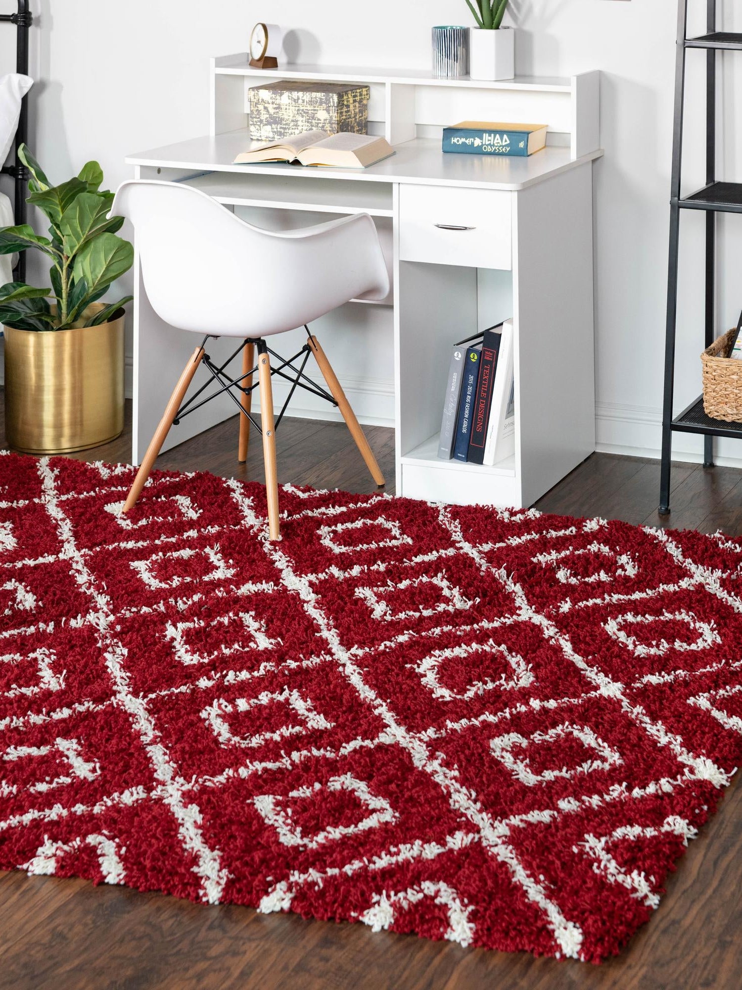 Burgundy Red 7' 10 x 10' Trellis Shag Rectangle Area Rug Thick Soft Touch Fluffy & Plush Shaggy Pile Geometric Modern Unique Carpet for Home Interior Design for Sale at Rug Engine