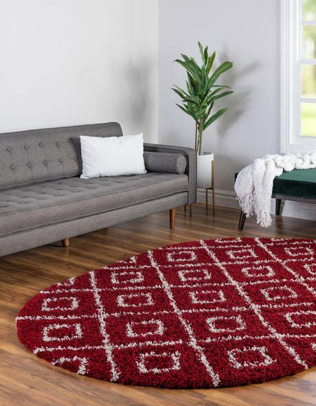 Burgundy Red 5' 3 x 8' Trellis Shag Oval Area Rug Thick Soft Touch Fluffy & Plush Shaggy Pile