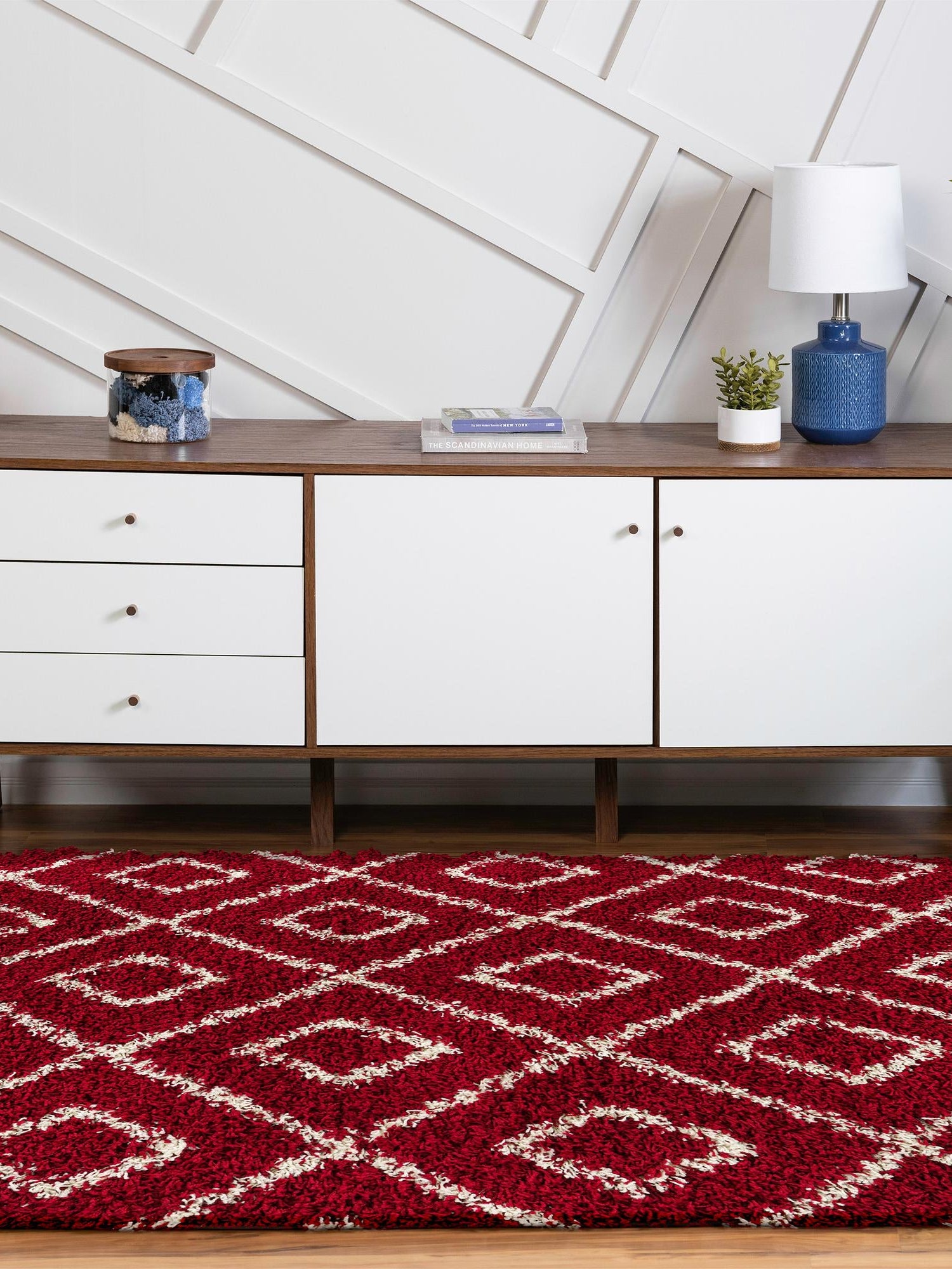 Burgundy Red 4' x 6' Trellis Shag Oval Area Rug Thick Soft Touch Fluffy & Plush Shaggy Pile Geometric Modern Unique Carpet for Home Interior Design for Sale at Rug Engine