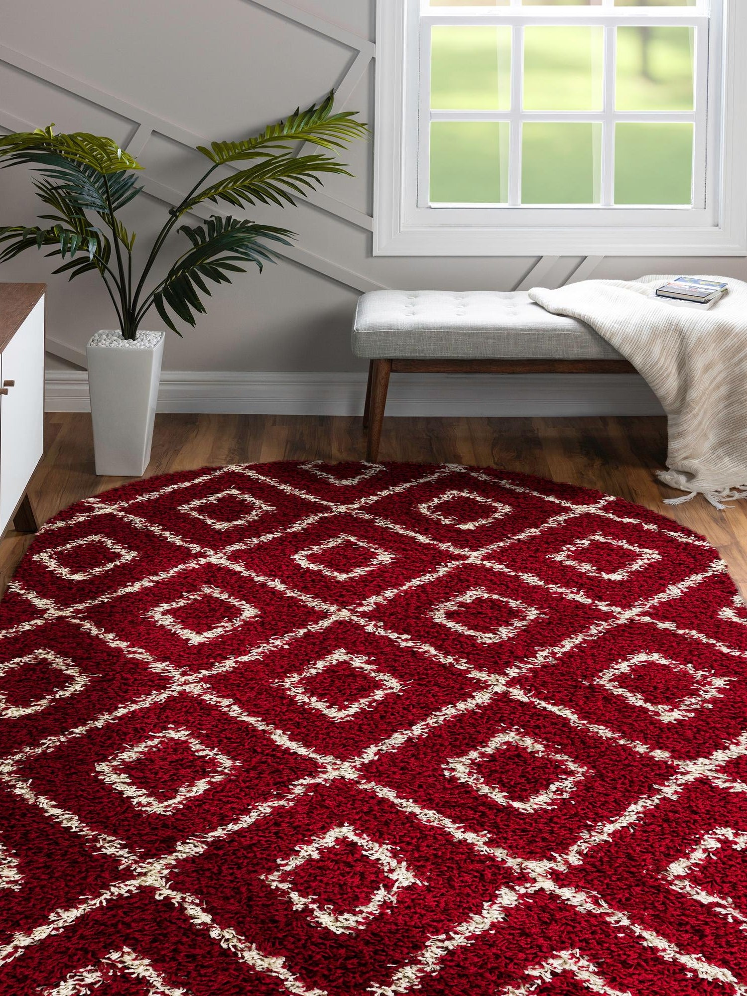 Burgundy Red 5' 3 x 8' Trellis Shag Oval Area Rug Thick Soft Touch Fluffy & Plush Shaggy Pile Geometric Modern Unique Carpet for Home Interior Design for Sale at Rug Engine