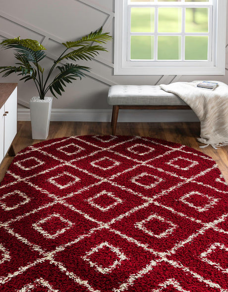 Burgundy Red 5' 3 x 8' Trellis Shag Oval Area Rug Thick Soft Touch Fluffy & Plush Shaggy Pile Geometric Modern Unique Carpet for Home Interior Design for Sale at Rug Engine