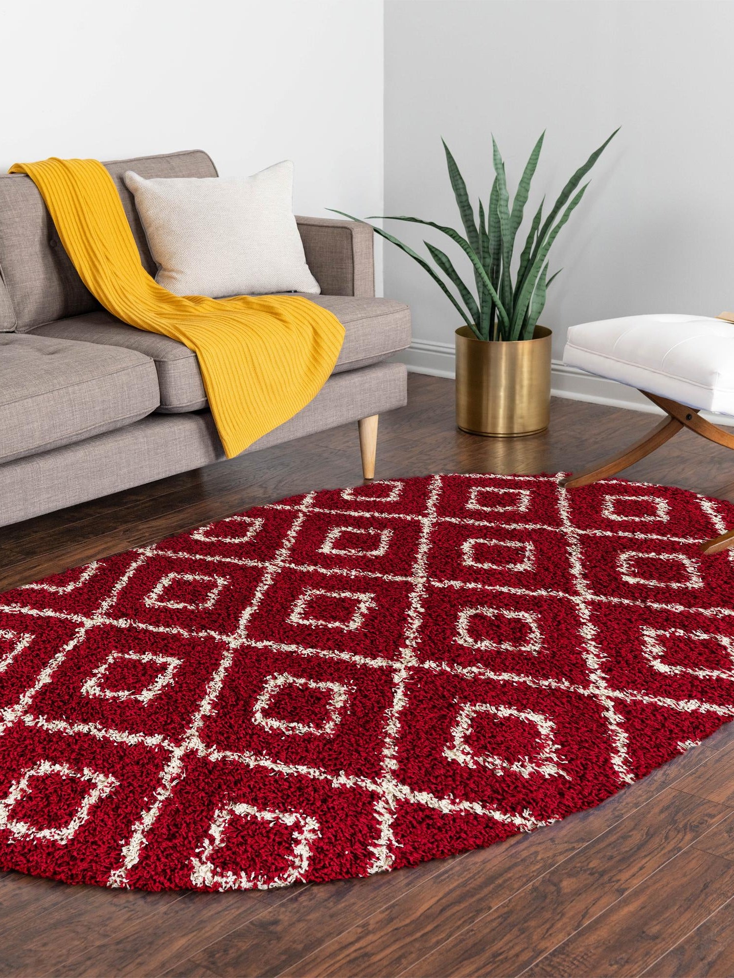 Burgundy Red 5' 3 x 8' Trellis Shag Oval Area Rug Thick Soft Touch Fluffy & Plush Shaggy Pile Geometric Modern Unique Carpet for Home Interior Design for Sale at Rug Engine