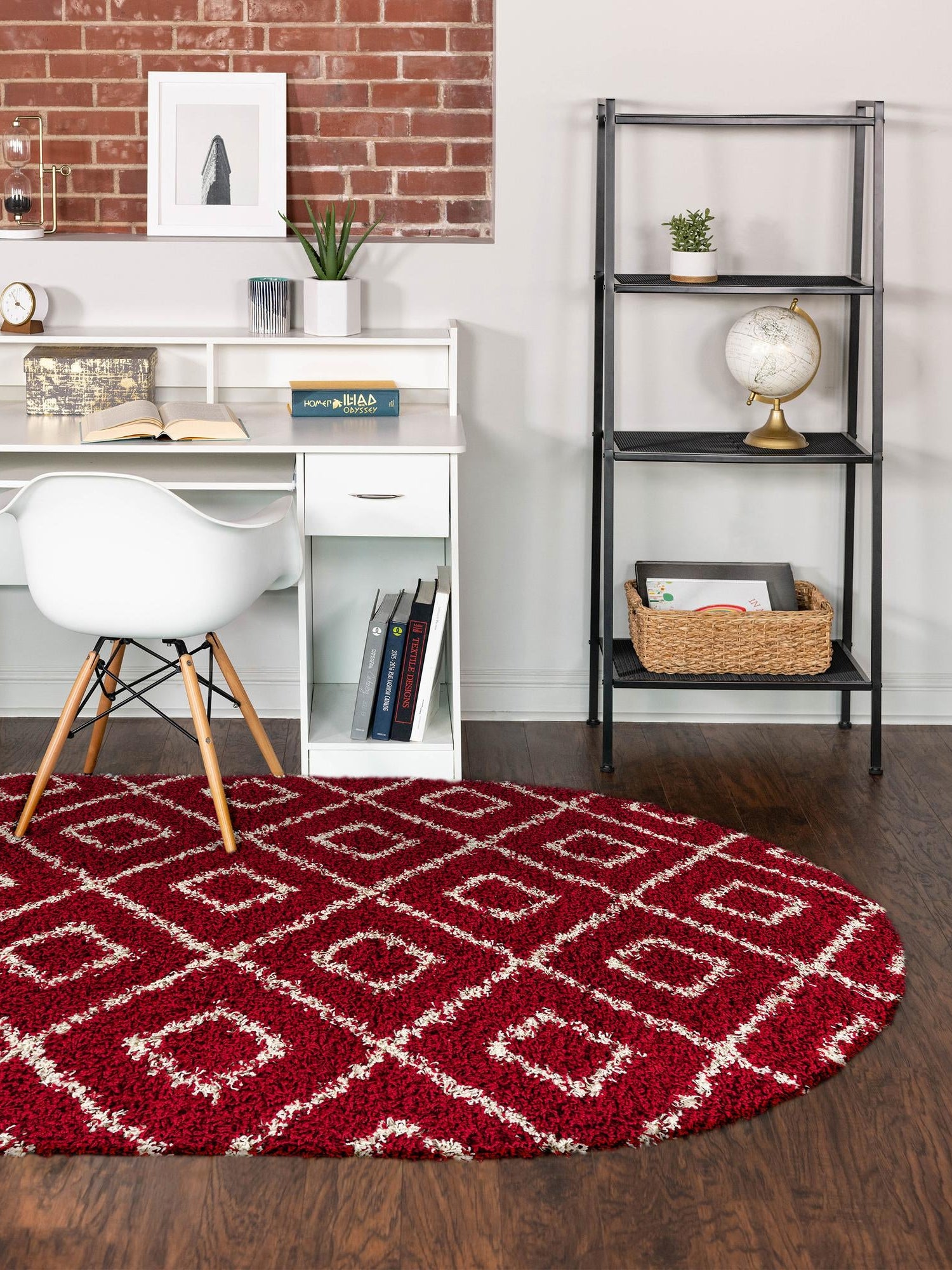 Burgundy Red 4' x 6' Trellis Shag Oval Area Rug Thick Soft Touch Fluffy & Plush Shaggy Pile Geometric Modern Unique Carpet for Home Interior Design for Sale at Rug Engine
