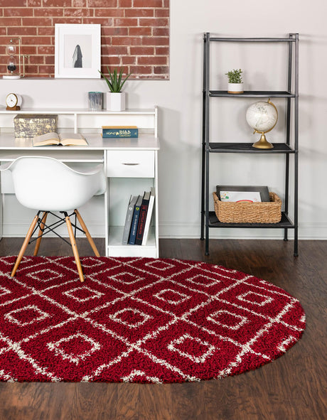 Burgundy Red 4' x 6' Trellis Shag Oval Area Rug Thick Soft Touch Fluffy & Plush Shaggy Pile Geometric Modern Unique Carpet for Home Interior Design for Sale at Rug Engine