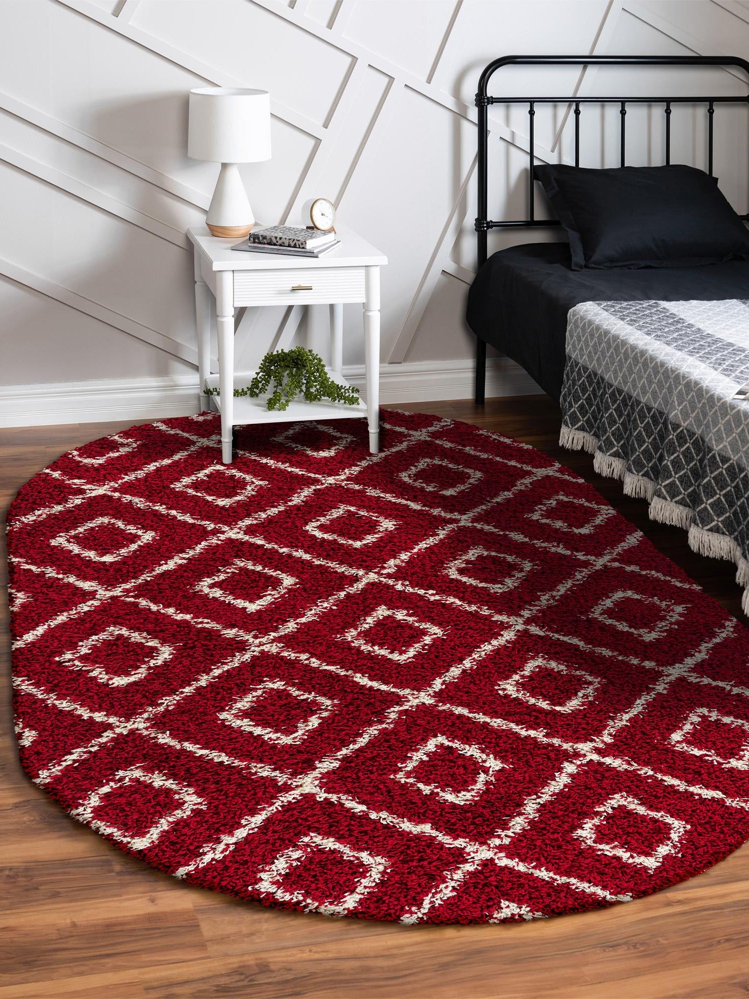 Burgundy Red 4' x 6' Trellis Shag Oval Area Rug Thick Soft Touch Fluffy & Plush Shaggy Pile Geometric Modern Unique Carpet for Home Interior Design for Sale at Rug Engine