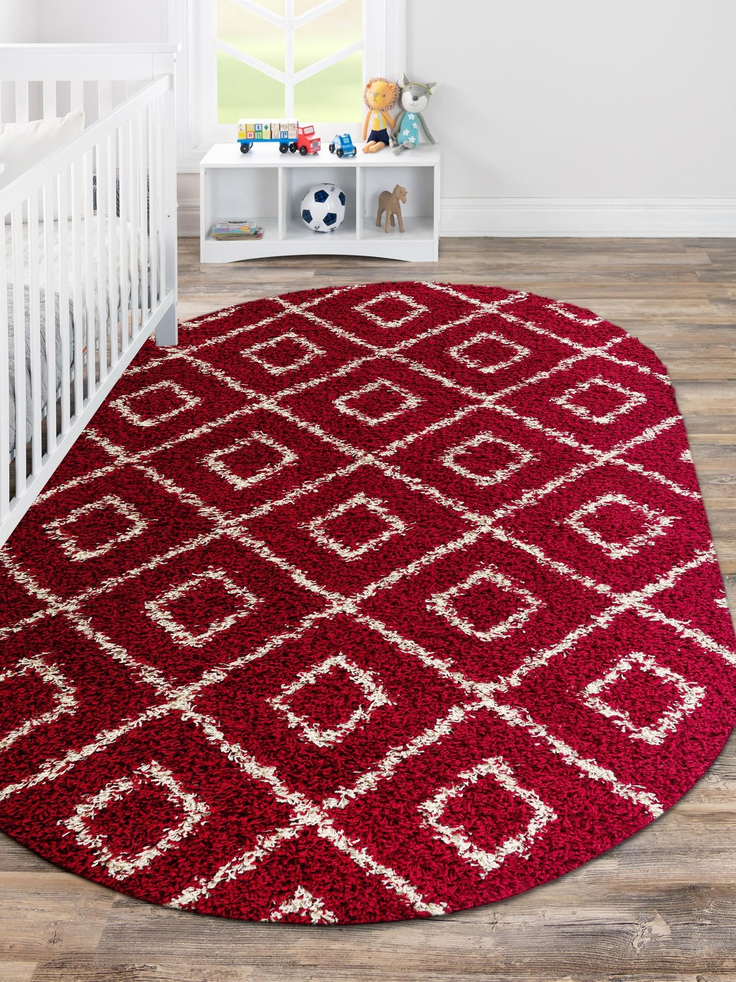 Burgundy Red 4' x 6' Trellis Shag Oval Area Rug Thick Soft Touch Fluffy & Plush Shaggy Pile Geometric Modern Unique Carpet for Home Interior Design for Sale at Rug Engine