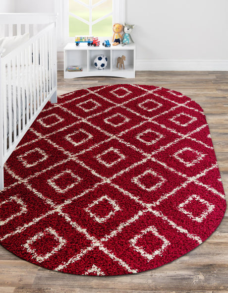 Burgundy Red 4' x 6' Trellis Shag Oval Area Rug Thick Soft Touch Fluffy & Plush Shaggy Pile Geometric Modern Unique Carpet for Home Interior Design for Sale at Rug Engine