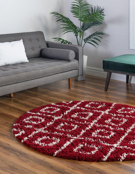 Burgundy Red 10' x 10' Trellis Shag Round Area Rug Thick Soft Touch Fluffy & Plush Shaggy Pile