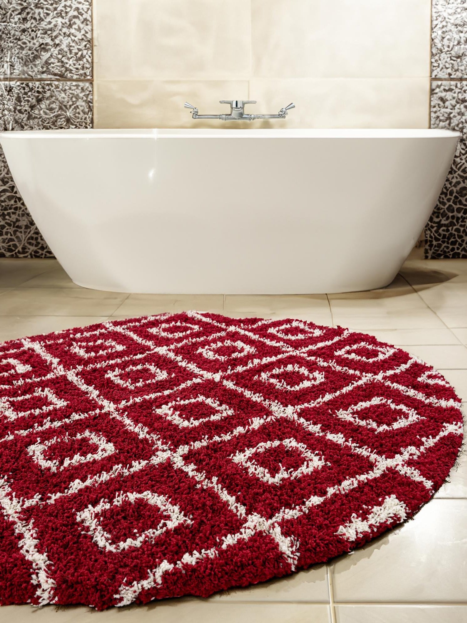 Burgundy Red 10' x 10' Trellis Shag Round Area Rug Thick Soft Touch Fluffy & Plush Shaggy Pile Geometric Modern Unique Carpet for Home Interior Design for Sale at Rug Engine