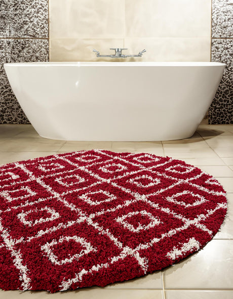 Burgundy Red 10' x 10' Trellis Shag Round Area Rug Thick Soft Touch Fluffy & Plush Shaggy Pile