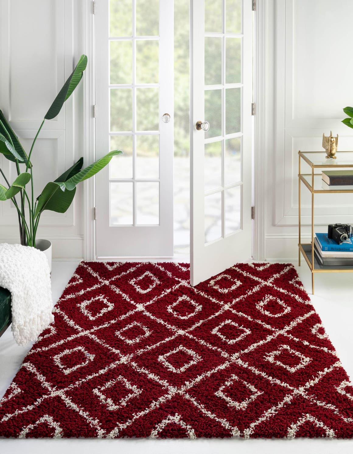 Burgundy Red 6' x 6' Trellis Shag Square Area Rug Thick Soft Touch Fluffy & Plush Shaggy Pile Geometric Modern Unique Carpet for Home Interior Design for Sale at Rug Engine