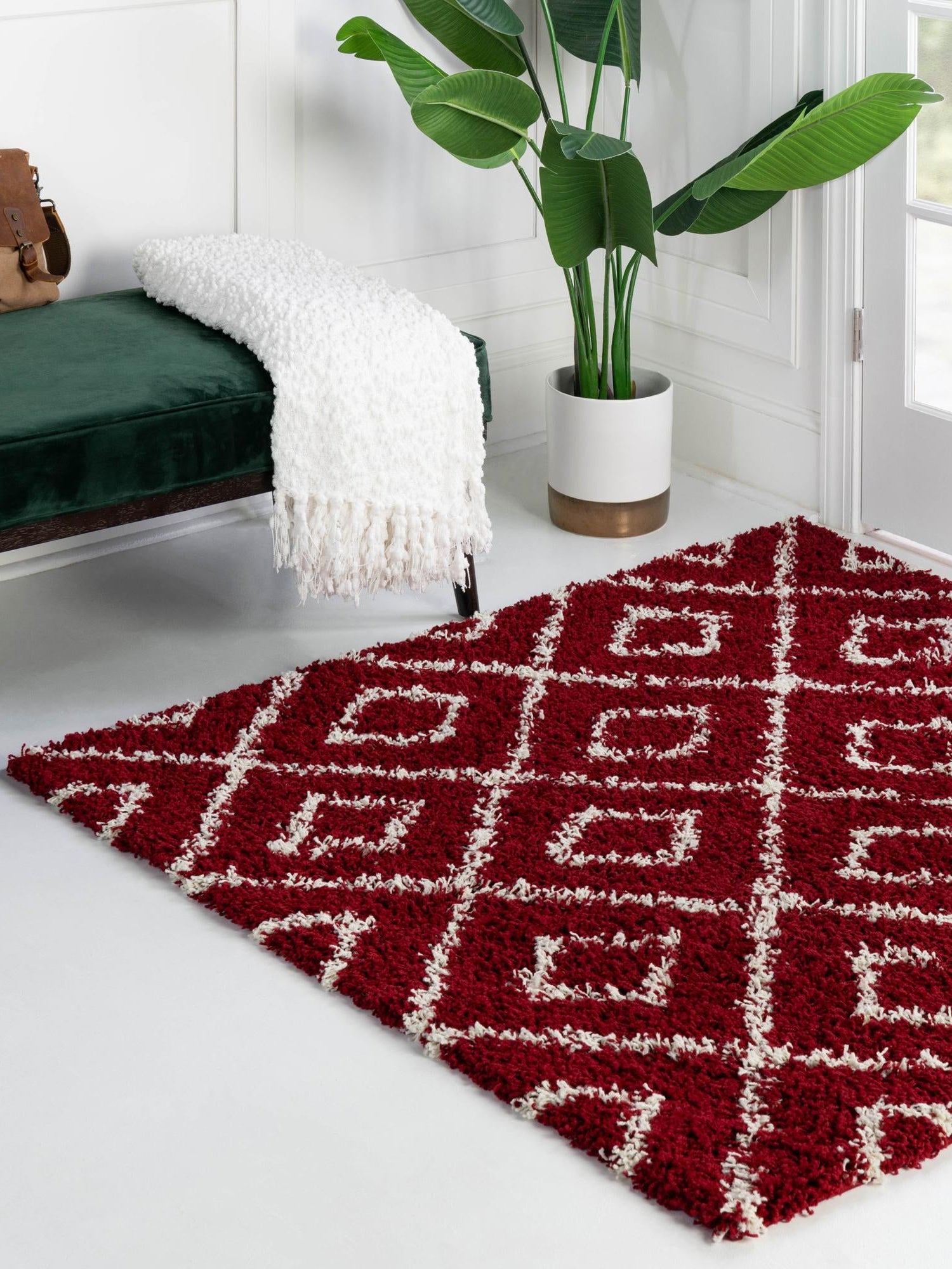 Burgundy Red 3' 3 x 3' 3 Trellis Shag Square Area Rug Thick Soft Touch Fluffy & Plush Shaggy Pile Geometric Modern Unique Carpet for Home Interior Design for Sale at Rug Engine