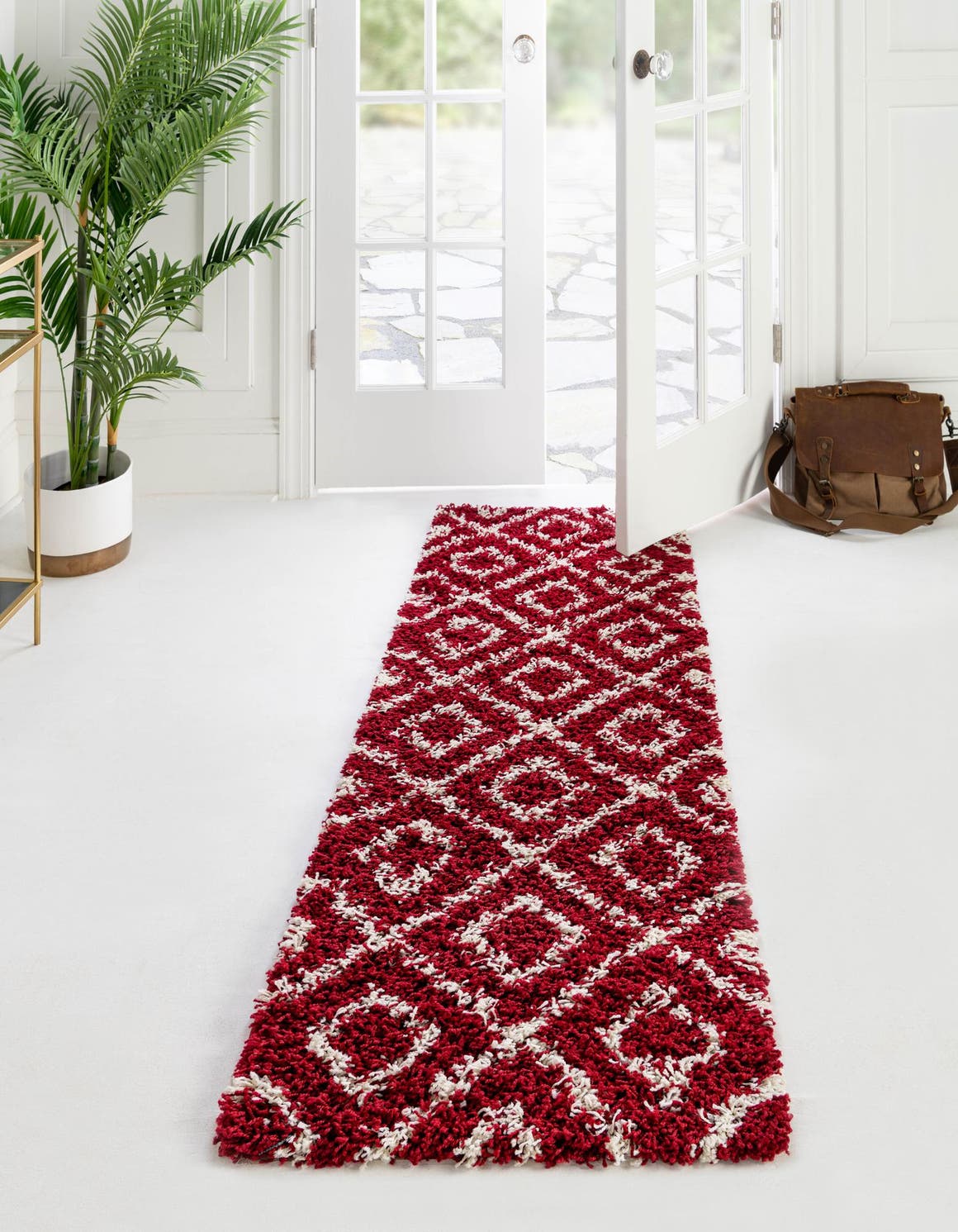 Burgundy Red 2' x 8' Trellis Shag Runner Area Rug Thick Soft Touch Fluffy & Plush Shaggy Pile Geometric Modern Unique Carpet for Home Interior Design for Sale at Rug Engine