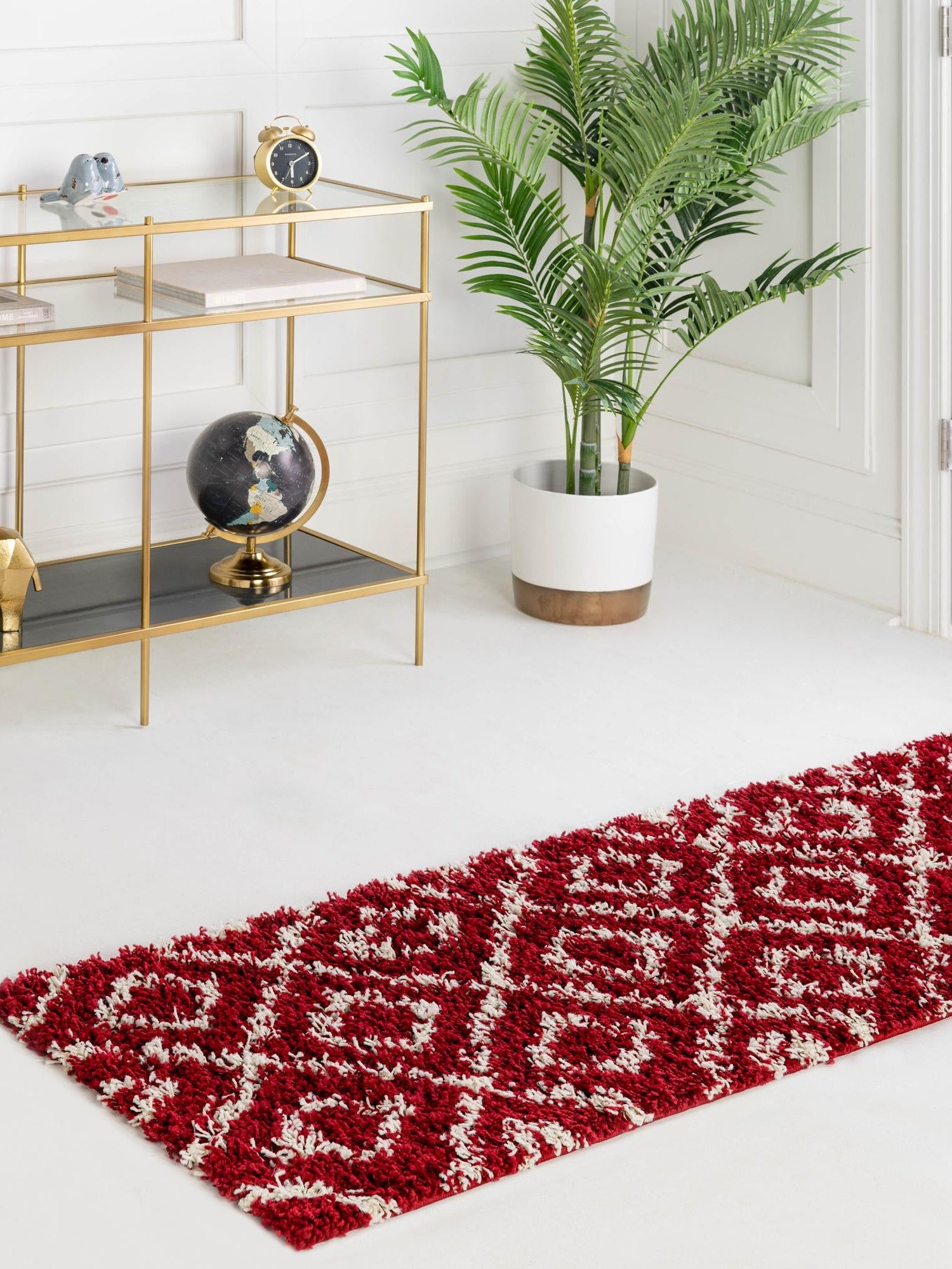 Burgundy Red 2' x 8' Trellis Shag Runner Area Rug Thick Soft Touch Fluffy & Plush Shaggy Pile Geometric Modern Unique Carpet for Home Interior Design for Sale at Rug Engine