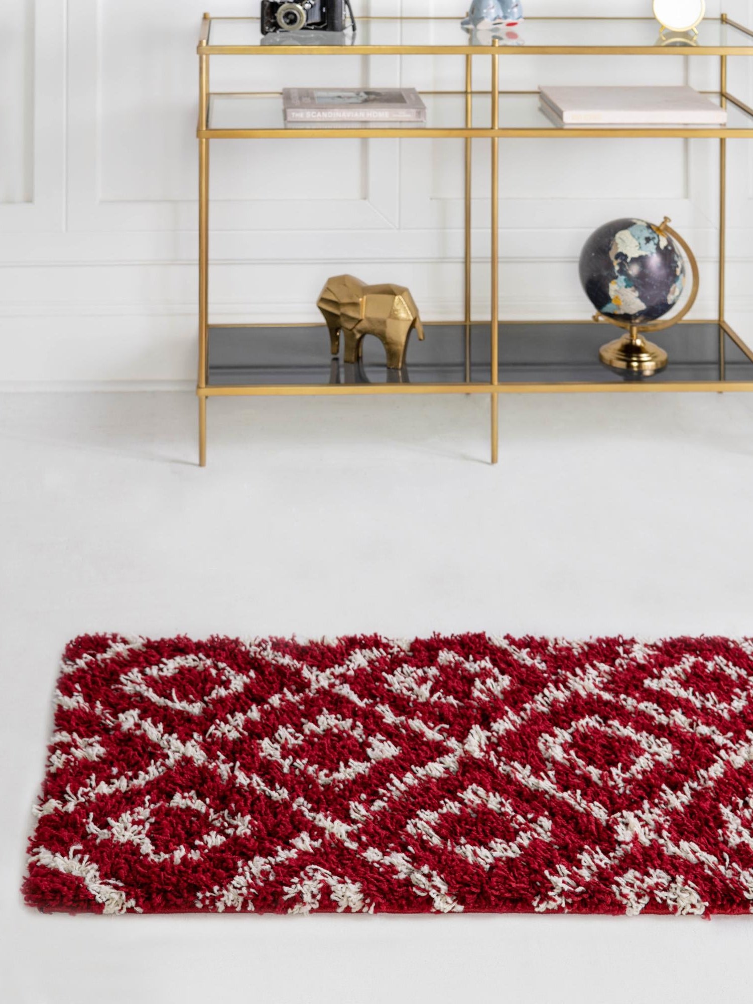 Burgundy Red 2' x 6' Trellis Shag Runner Area Rug Thick Soft Touch Fluffy & Plush Shaggy Pile Geometric Modern Unique Carpet for Home Interior Design for Sale at Rug Engine