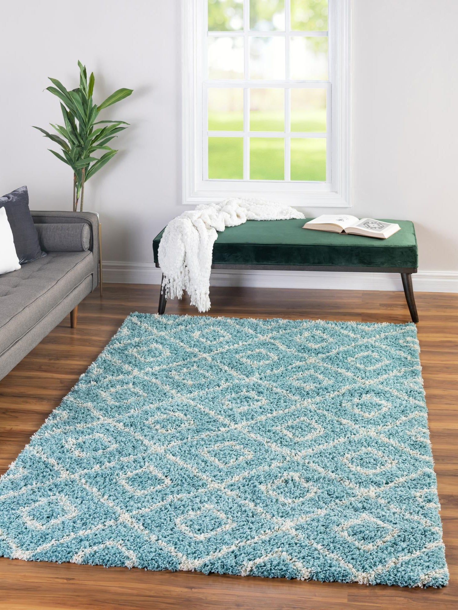 Aqua 4' x 6' Trellis Shag Rectangle Area Rug Thick Soft Touch Fluffy & Plush Shaggy Pile Geometric Modern Unique Carpet for Home Interior Design for Sale at Rug Engine