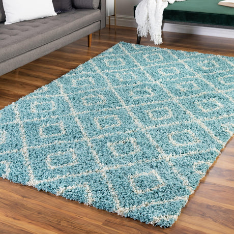 Aqua 2' x 3' Trellis Shag Rectangle Area Rug Thick Soft Touch Fluffy & Plush Shaggy Pile Geometric Modern Unique Carpet for Home Interior Design for Sale at Rug Engine