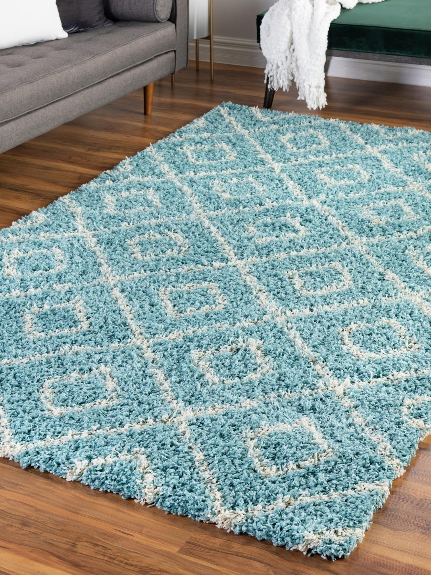 Aqua 4' x 6' Trellis Shag Rectangle Area Rug Thick Soft Touch Fluffy & Plush Shaggy Pile Geometric Modern Unique Carpet for Home Interior Design for Sale at Rug Engine