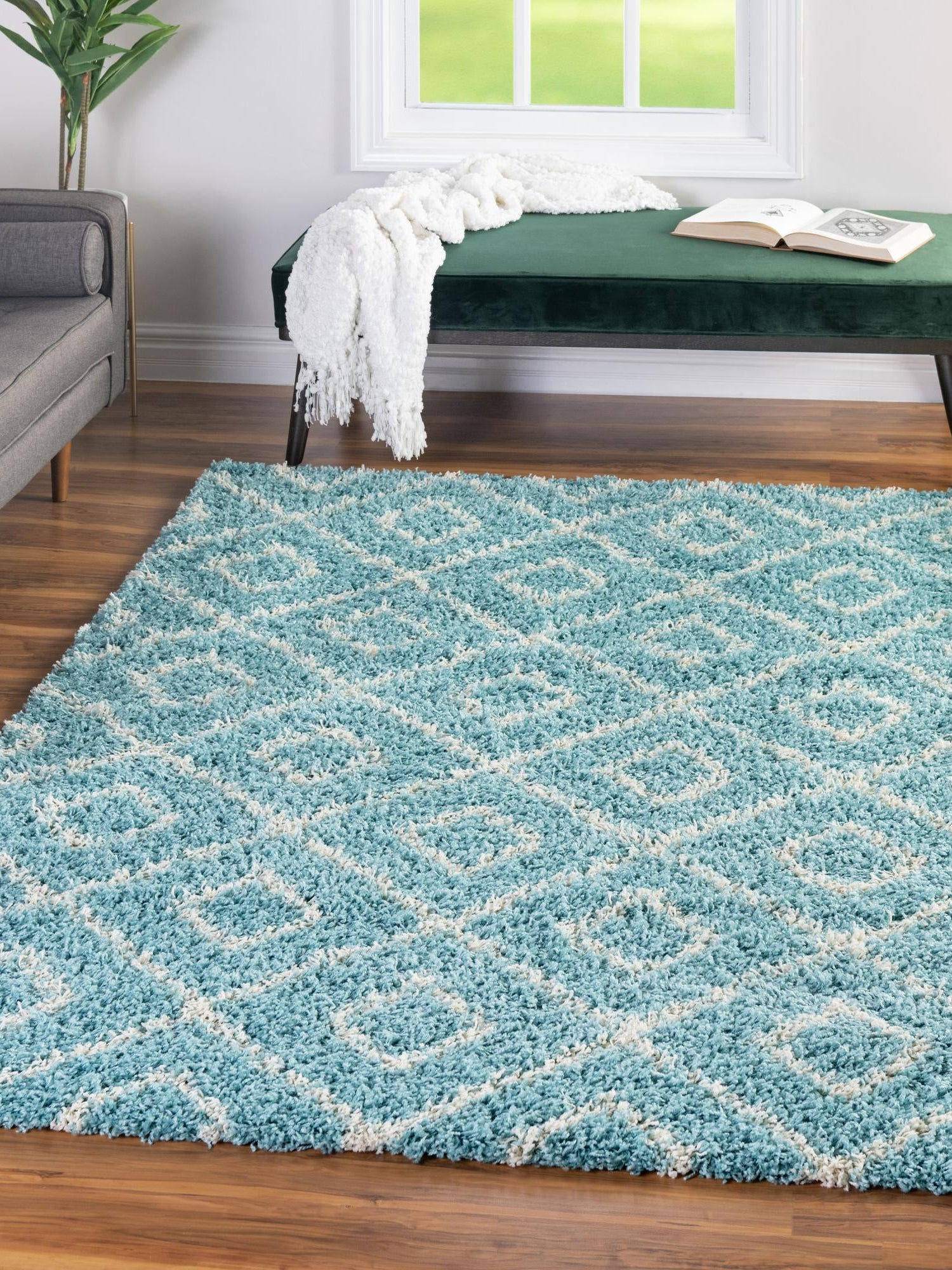 Aqua 4' x 6' Trellis Shag Rectangle Area Rug Thick Soft Touch Fluffy & Plush Shaggy Pile Geometric Modern Unique Carpet for Home Interior Design for Sale at Rug Engine