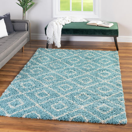 Aqua 4' x 6' Trellis Shag Rectangle Area Rug Thick Soft Touch Fluffy & Plush Shaggy Pile Geometric Modern Unique Carpet for Home Interior Design for Sale at Rug Engine