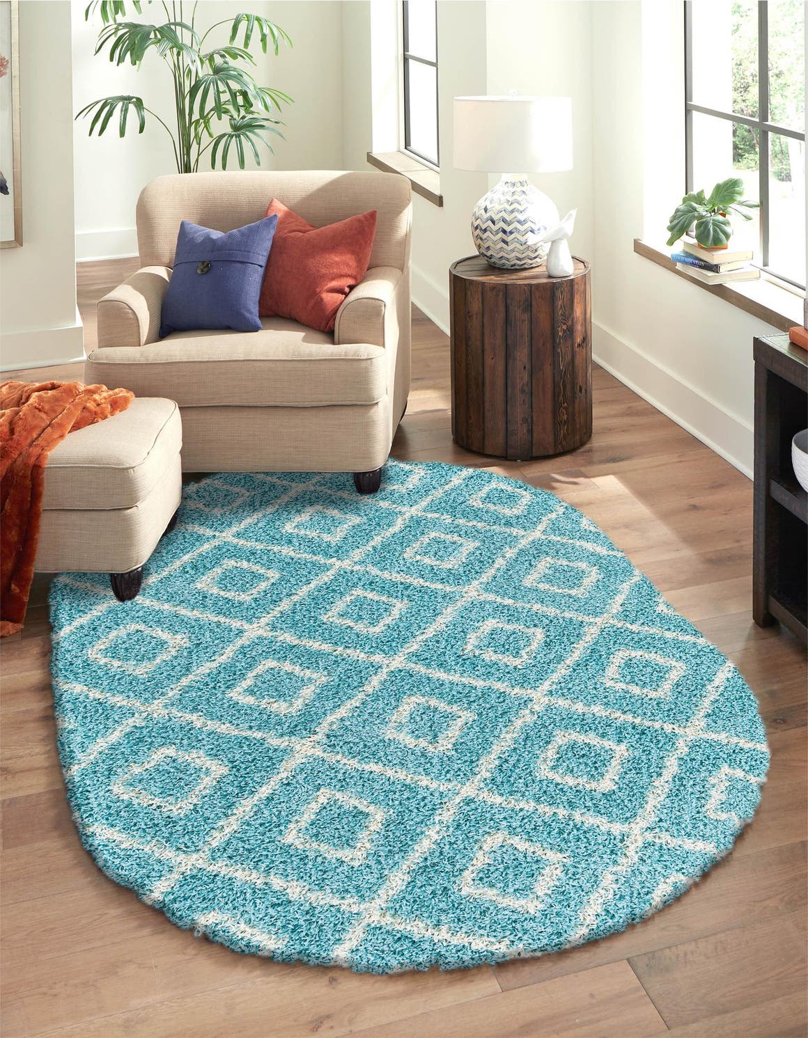 Aqua 4' x 6' Trellis Shag Oval Area Rug Thick Soft Touch Fluffy & Plush Shaggy Pile Geometric Modern Unique Carpet for Home Interior Design for Sale at Rug Engine