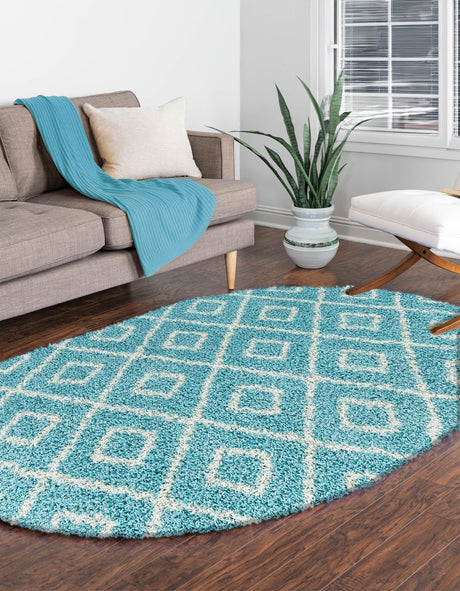 Aqua 4' x 6' Trellis Shag Oval Area Rug Thick Soft Touch Fluffy & Plush Shaggy Pile