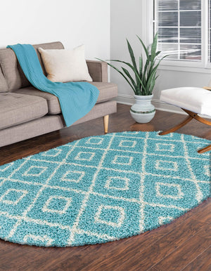 Aqua 5' 3 x 8' Trellis Shag Oval Area Rug Thick Soft Touch Fluffy & Plush Shaggy Pile