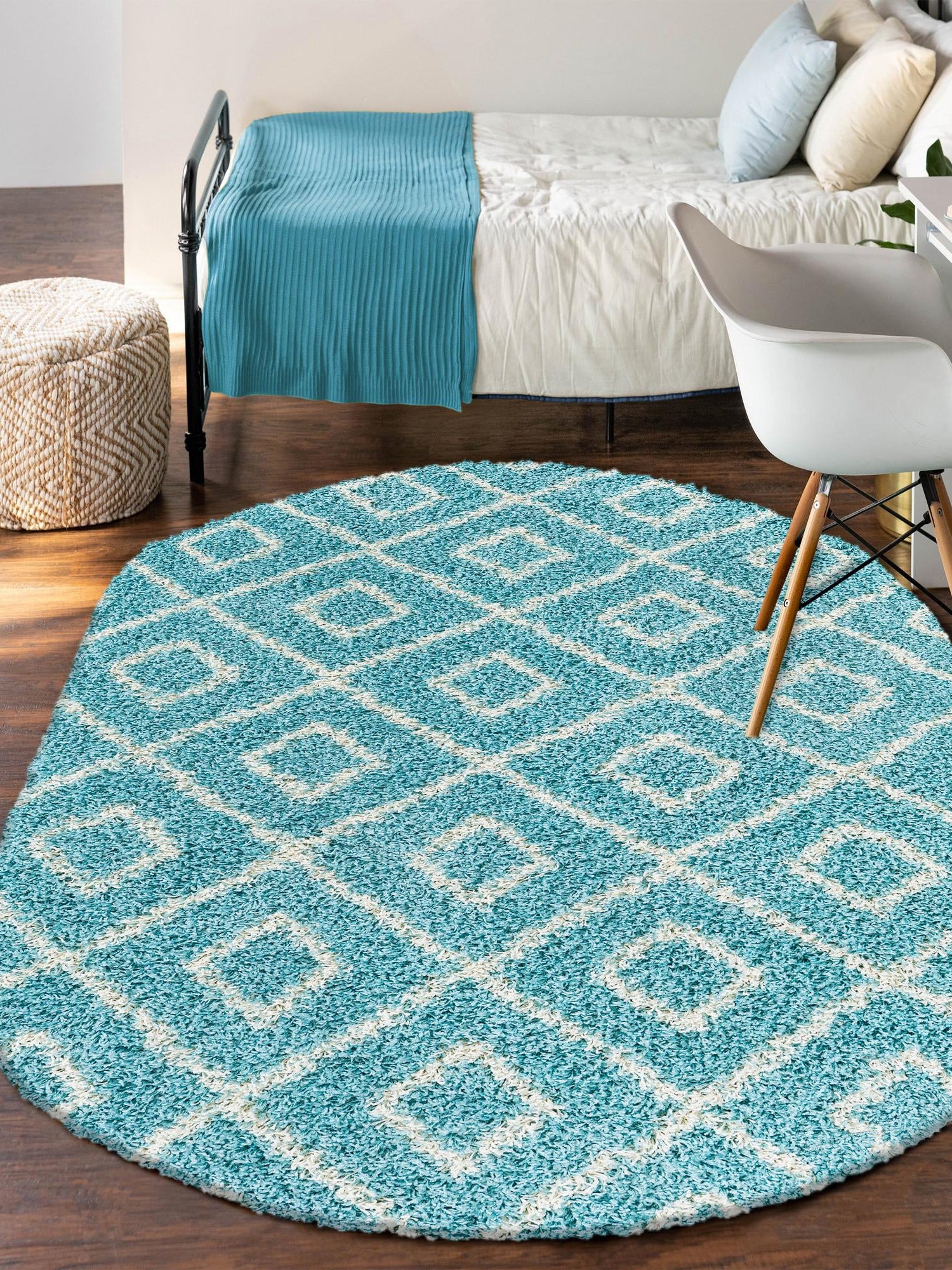 Aqua 5' 3 x 8' Trellis Shag Oval Area Rug Thick Soft Touch Fluffy & Plush Shaggy Pile Geometric Modern Unique Carpet for Home Interior Design for Sale at Rug Engine