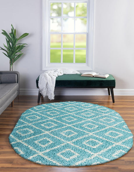 Aqua 4' x 6' Trellis Shag Oval Area Rug Thick Soft Touch Fluffy & Plush Shaggy Pile Geometric Modern Unique Carpet for Home Interior Design for Sale at Rug Engine