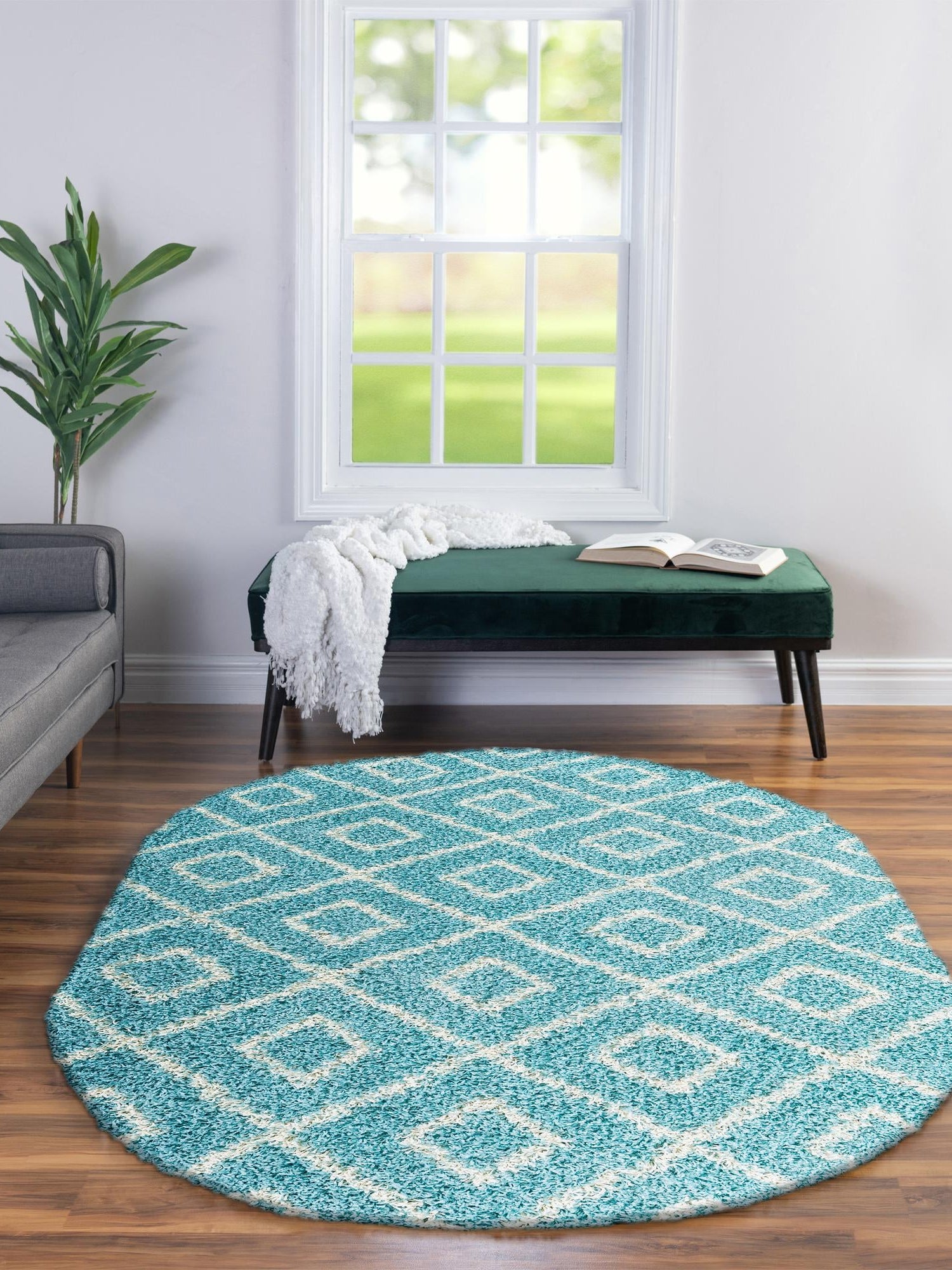 Aqua 5' 3 x 8' Trellis Shag Oval Area Rug Thick Soft Touch Fluffy & Plush Shaggy Pile Geometric Modern Unique Carpet for Home Interior Design for Sale at Rug Engine