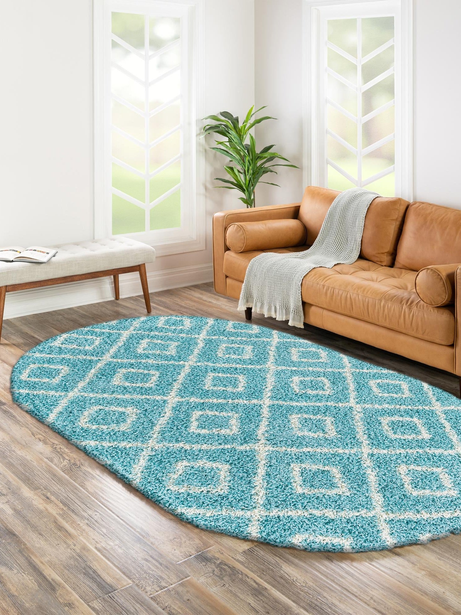 Aqua 5' 3 x 8' Trellis Shag Oval Area Rug Thick Soft Touch Fluffy & Plush Shaggy Pile Geometric Modern Unique Carpet for Home Interior Design for Sale at Rug Engine