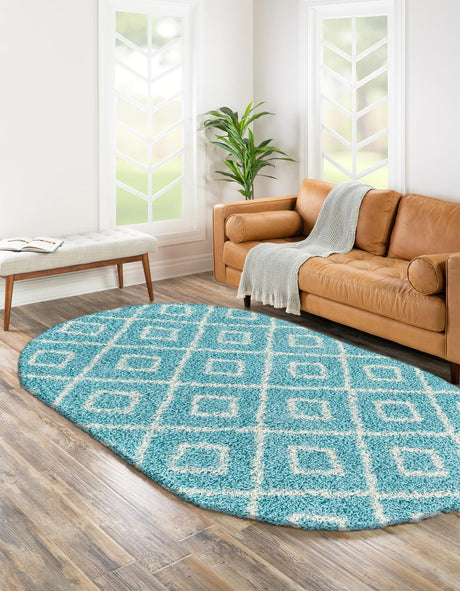 Aqua 5' 3 x 8' Trellis Shag Oval Area Rug Thick Soft Touch Fluffy & Plush Shaggy Pile Geometric Modern Unique Carpet for Home Interior Design for Sale at Rug Engine