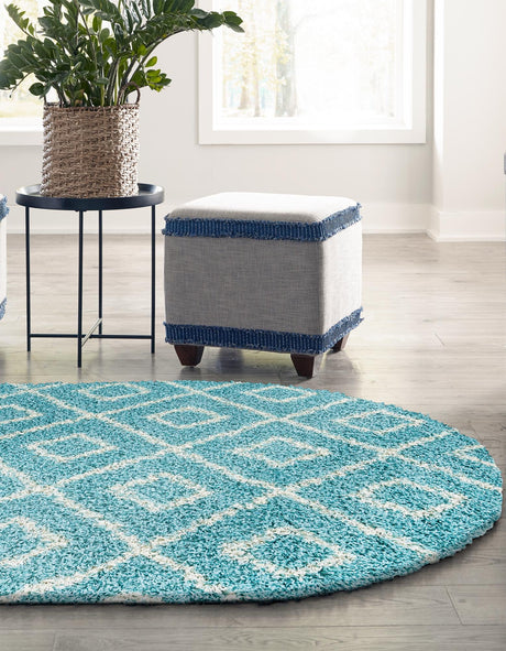 Aqua 5' 3 x 8' Trellis Shag Oval Area Rug Thick Soft Touch Fluffy & Plush Shaggy Pile Geometric Modern Unique Carpet for Home Interior Design for Sale at Rug Engine