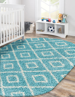 Aqua 4' x 6' Trellis Shag Oval Area Rug Thick Soft Touch Fluffy & Plush Shaggy Pile