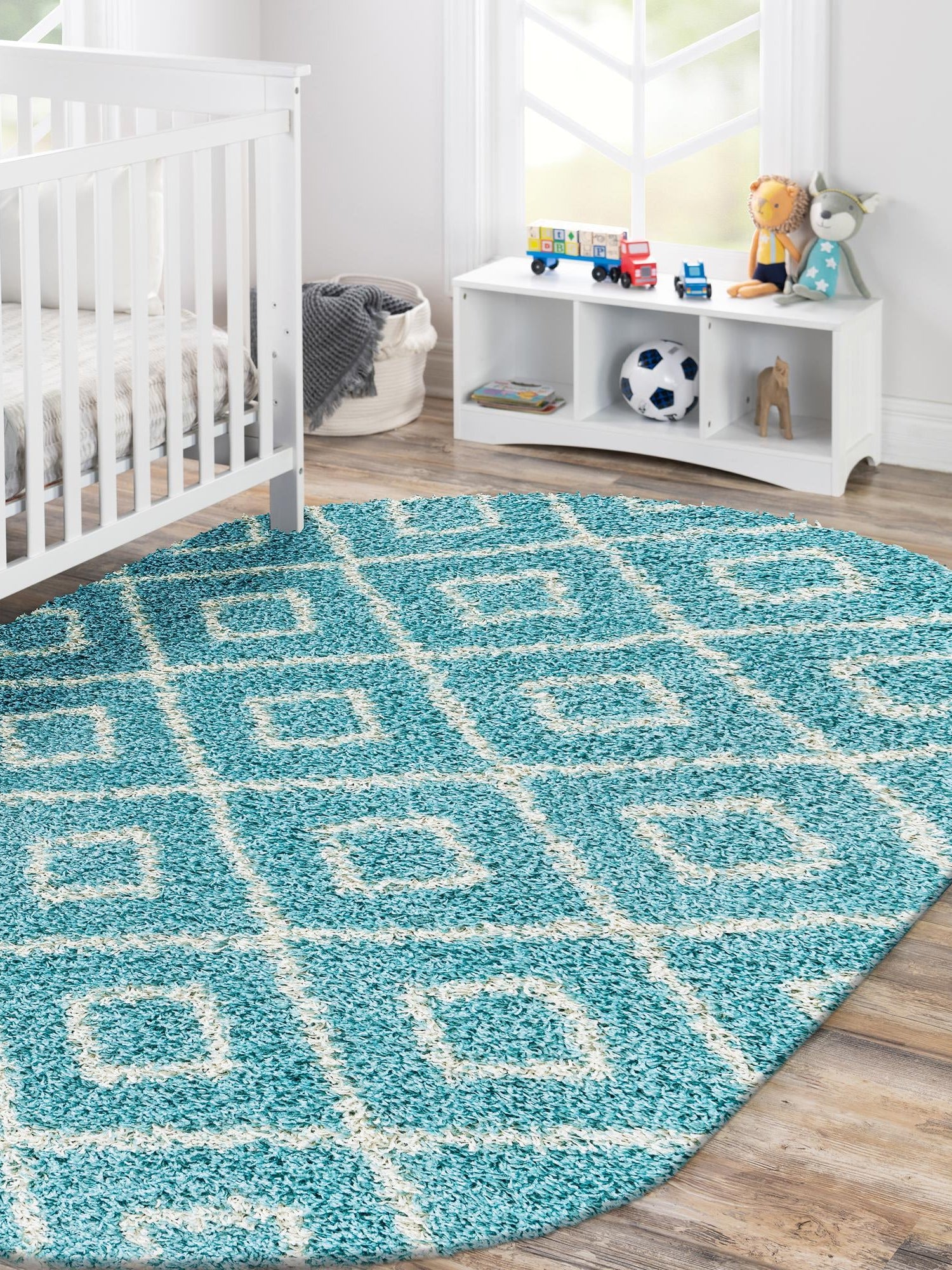 Aqua 7' 10 x 10' Trellis Shag Oval Area Rug Thick Soft Touch Fluffy & Plush Shaggy Pile Geometric Modern Unique Carpet for Home Interior Design for Sale at Rug Engine