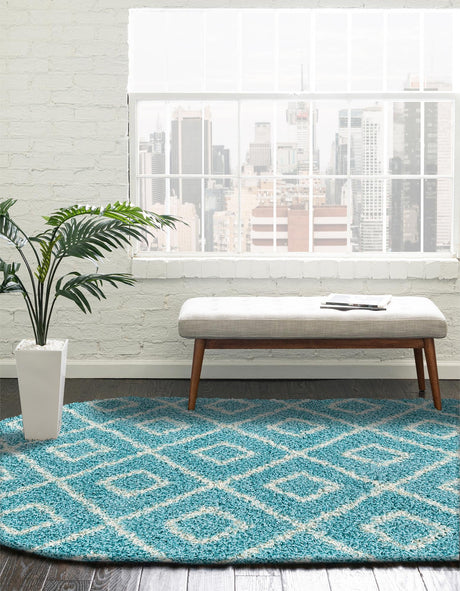 Aqua 4' x 6' Trellis Shag Oval Area Rug Thick Soft Touch Fluffy & Plush Shaggy Pile Geometric Modern Unique Carpet for Home Interior Design for Sale at Rug Engine