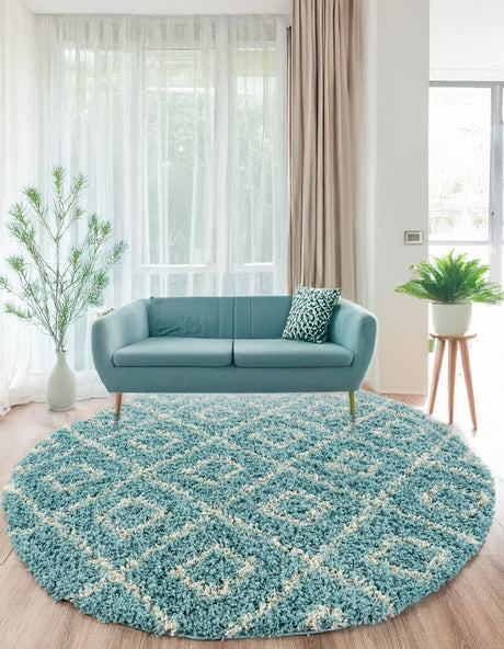 Aqua 10' x 10' Trellis Shag Round Area Rug Thick Soft Touch Fluffy & Plush Shaggy Pile