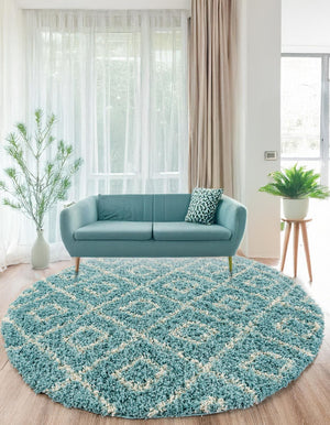 Aqua 6' x 6' Trellis Shag Round Area Rug Thick Soft Touch Fluffy & Plush Shaggy Pile