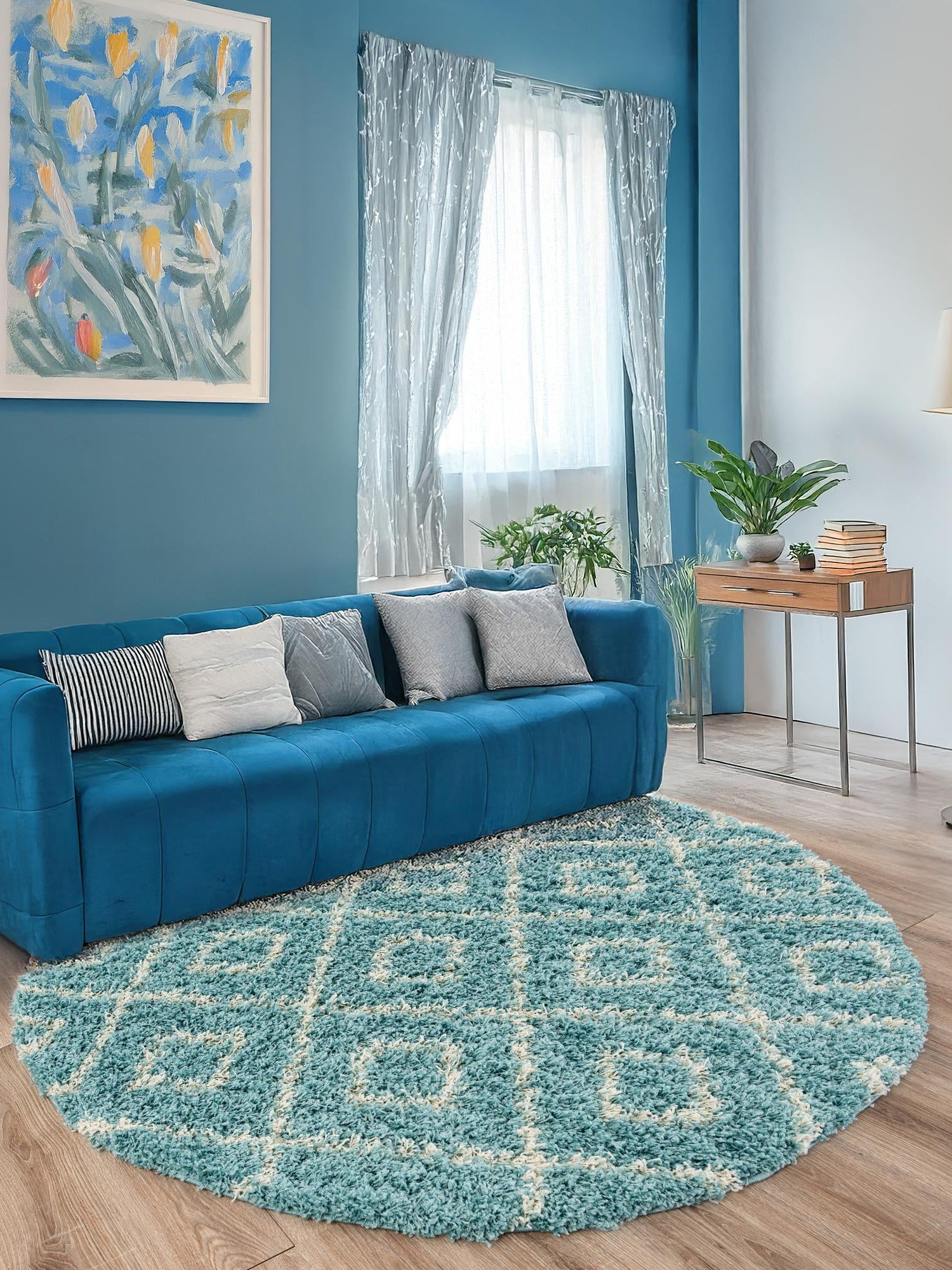Aqua 5' 3 x 5' 3 Trellis Shag Round Area Rug Thick Soft Touch Fluffy & Plush Shaggy Pile Geometric Modern Unique Carpet for Home Interior Design for Sale at Rug Engine