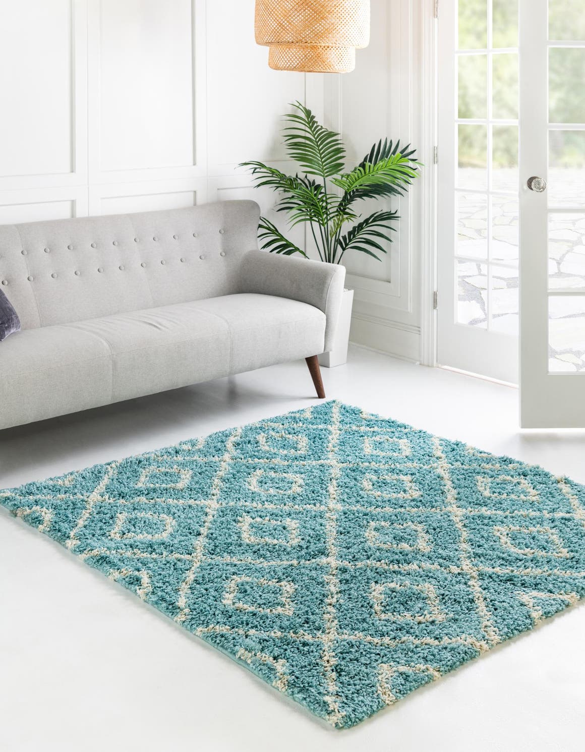 Aqua 3' 3 x 3' 3 Trellis Shag Square Area Rug Thick Soft Touch Fluffy & Plush Shaggy Pile Geometric Modern Unique Carpet for Home Interior Design for Sale at Rug Engine