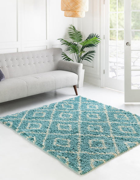 Aqua 5' 3 x 5' 3 Trellis Shag Square Area Rug Thick Soft Touch Fluffy & Plush Shaggy Pile