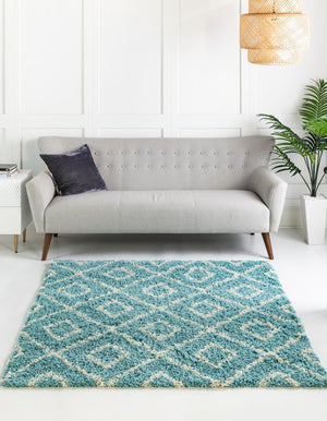 Aqua 5' 3 x 5' 3 Trellis Shag Square Area Rug Thick Soft Touch Fluffy & Plush Shaggy Pile