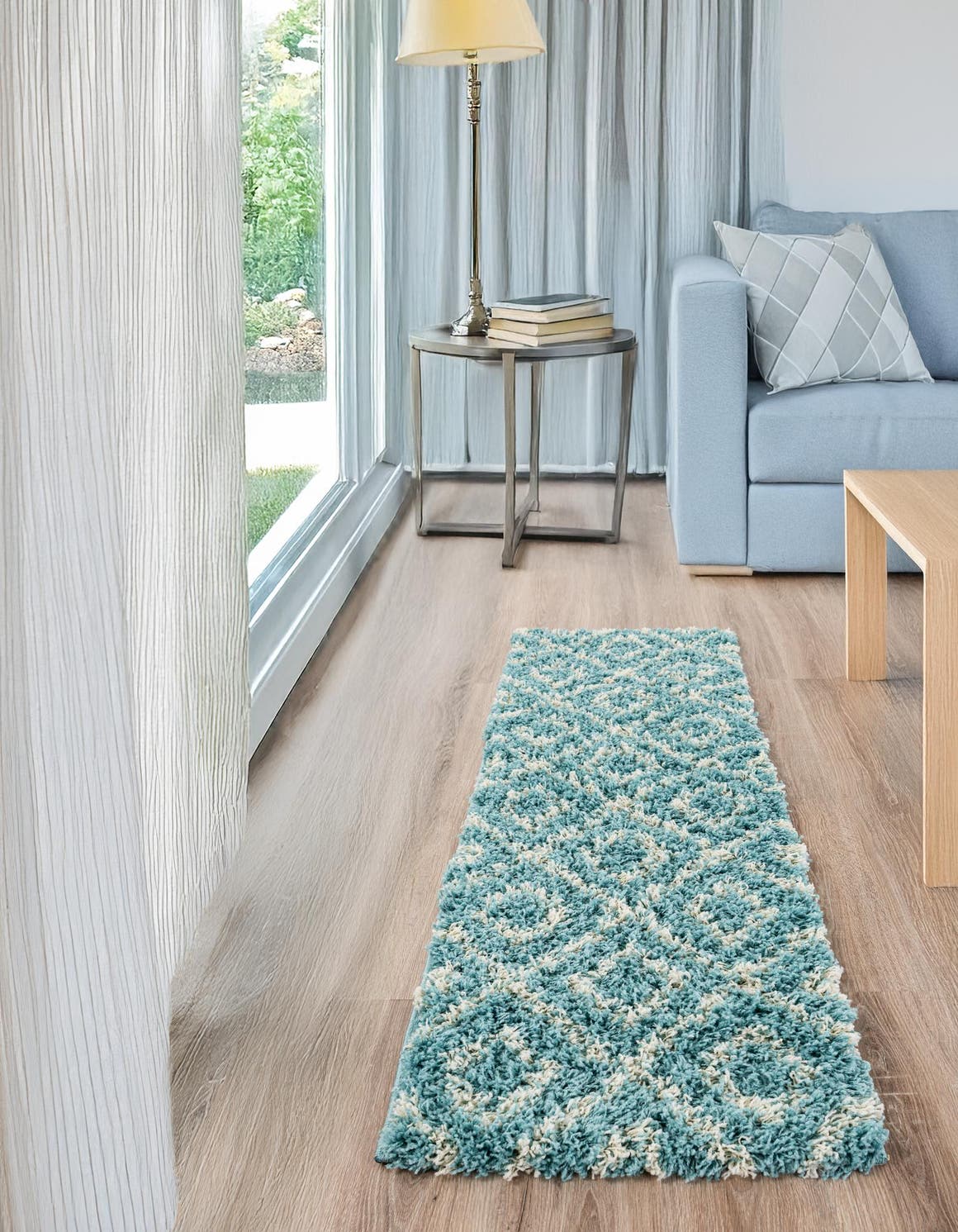 Aqua 2' x 6' Trellis Shag Runner Area Rug Thick Soft Touch Fluffy & Plush Shaggy Pile Geometric Modern Unique Carpet for Home Interior Design for Sale at Rug Engine