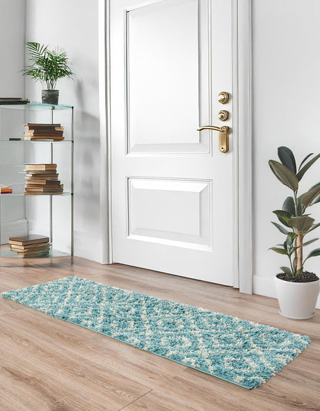 Aqua 2' x 6' Trellis Shag Runner Area Rug Thick Soft Touch Fluffy & Plush Shaggy Pile