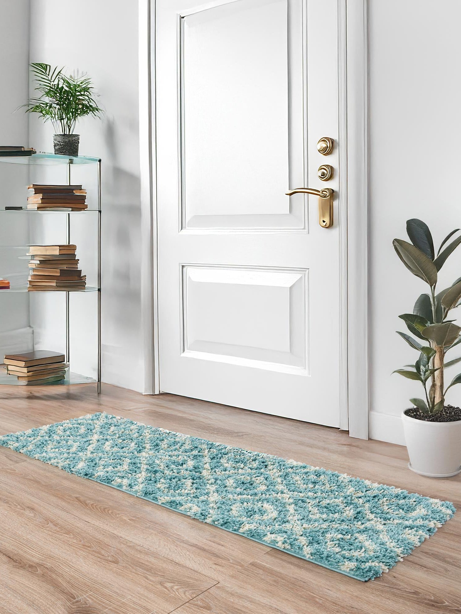 Aqua 2' x 7' Trellis Shag Runner Area Rug Thick Soft Touch Fluffy & Plush Shaggy Pile Geometric Modern Unique Carpet for Home Interior Design for Sale at Rug Engine