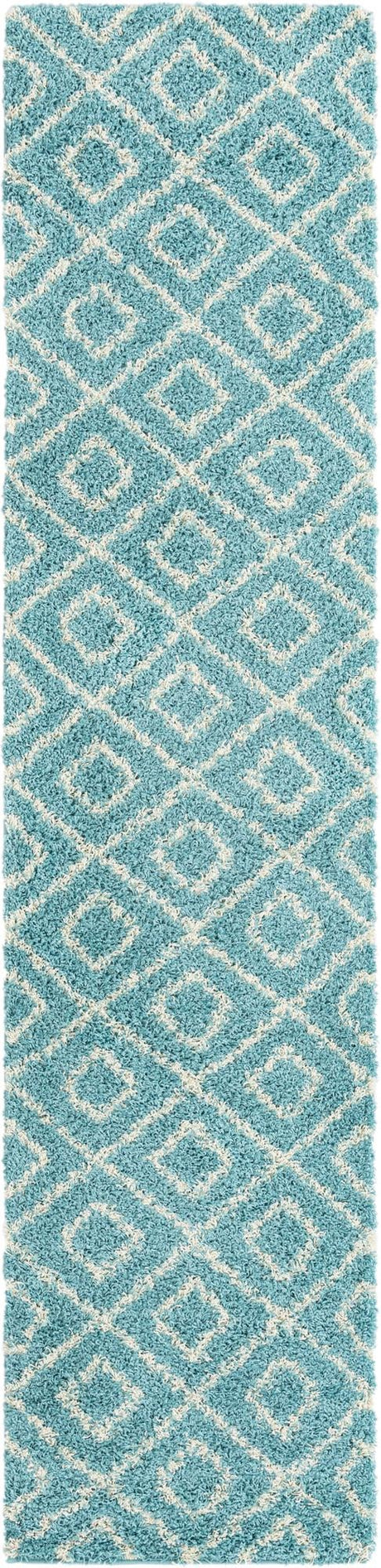 Aqua 2' 7 x 12' Trellis Shag Runner Area Rug Thick Soft Touch Fluffy & Plush Shaggy Pile Geometric Modern Unique Carpet for Home Interior Design for Sale at Rug Engine