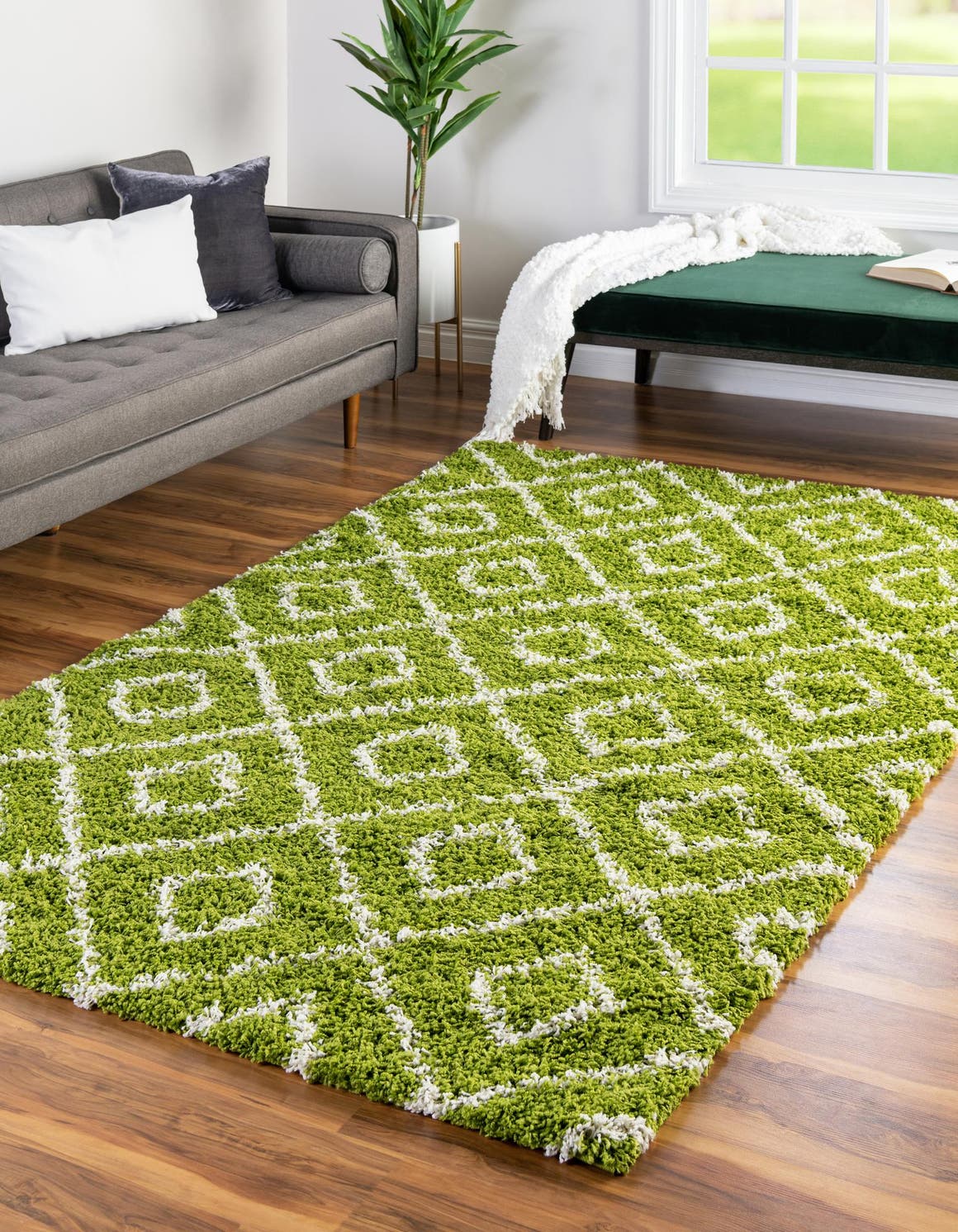 Green 5' 3 x 8' Trellis Shag Rectangle Area Rug Thick Soft Touch Fluffy & Plush Shaggy Pile Geometric Modern Unique Carpet for Home Interior Design for Sale at Rug Engine
