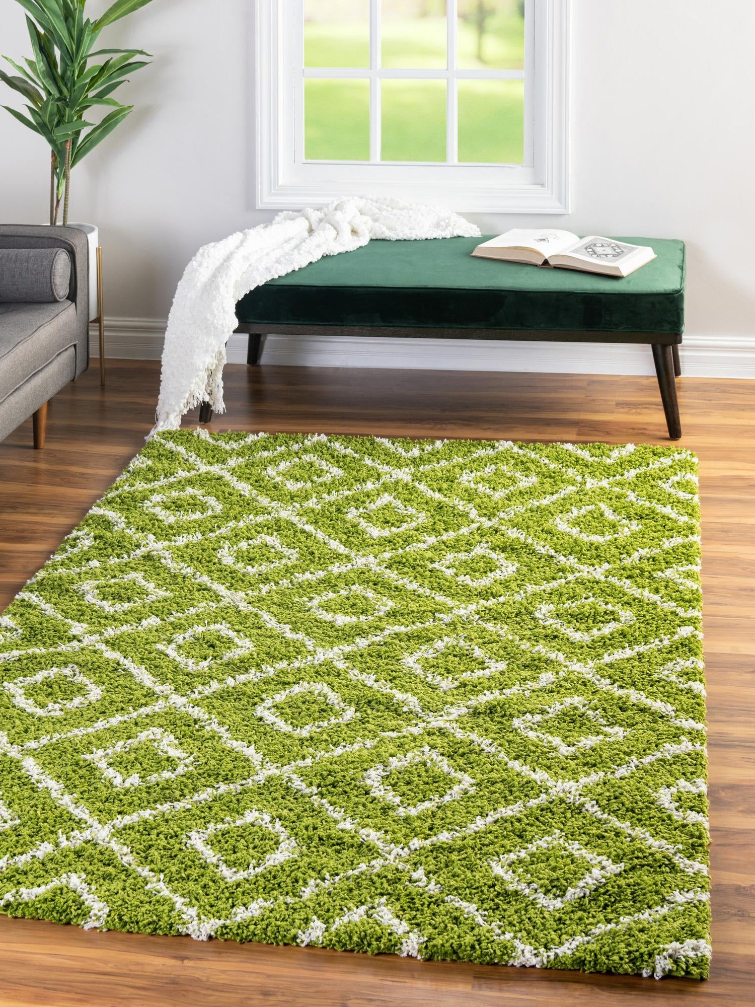 Green 9' x 12' Trellis Shag Rectangle Area Rug Thick Soft Touch Fluffy & Plush Shaggy Pile Geometric Modern Unique Carpet for Home Interior Design for Sale at Rug Engine