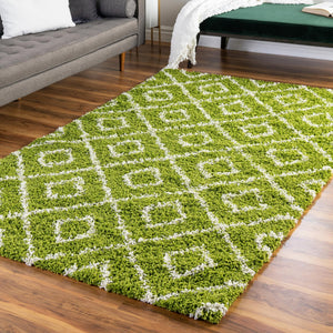 Green 7' 10 x 10' Trellis Shag Rectangle Area Rug Thick Soft Touch Fluffy & Plush Shaggy Pile