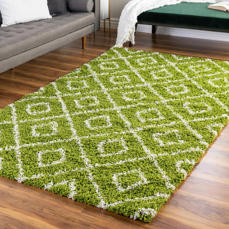 Green 7' 10 x 10' Trellis Shag Rectangle Area Rug Thick Soft Touch Fluffy & Plush Shaggy Pile Geometric Modern Unique Carpet for Home Interior Design for Sale at Rug Engine